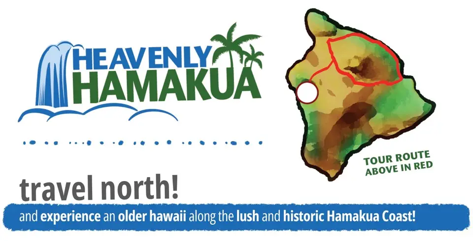 Heavenly Hamakua tour graphic with waterfall logo, “travel north” text, and a Big Island map showing the Hamakua Coast route highlighted in red.
