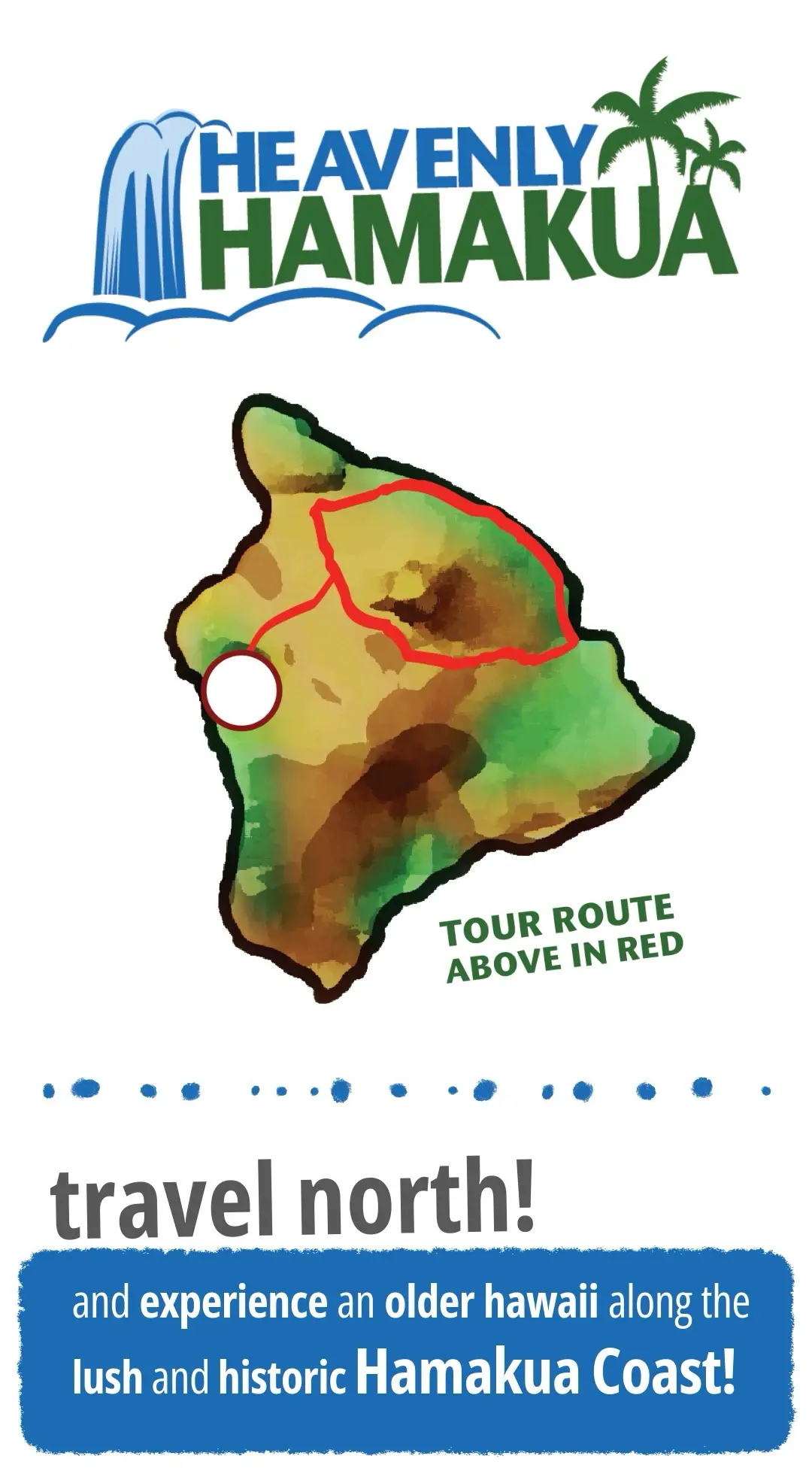 Heavenly Hamakua tour graphic with waterfall logo, “travel north” text, and a Big Island map showing the Hamakua Coast route highlighted in red.