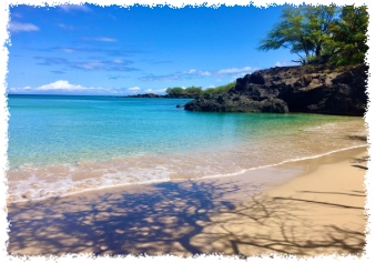 Quiet Big Island beach with turquoise water, lava rock shoreline, and tropical scenery