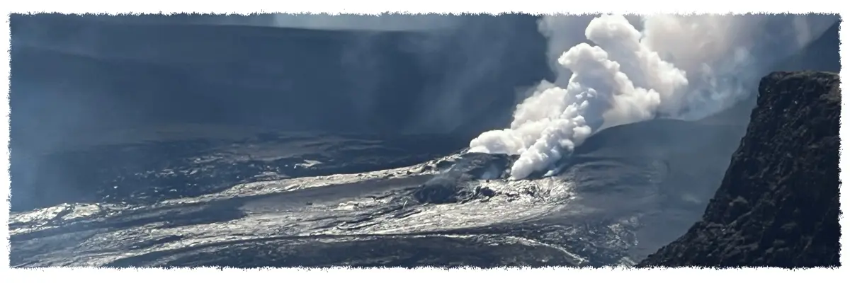 Steam rising from Kīlauea Caldera, highlighting active volcanic terrain inside Hawai‘i Volcanoes National Park.