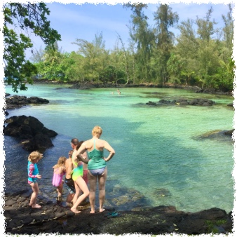 Freshwater swimming hole on the Big Island with clear water surrounded by lava rock and jungle